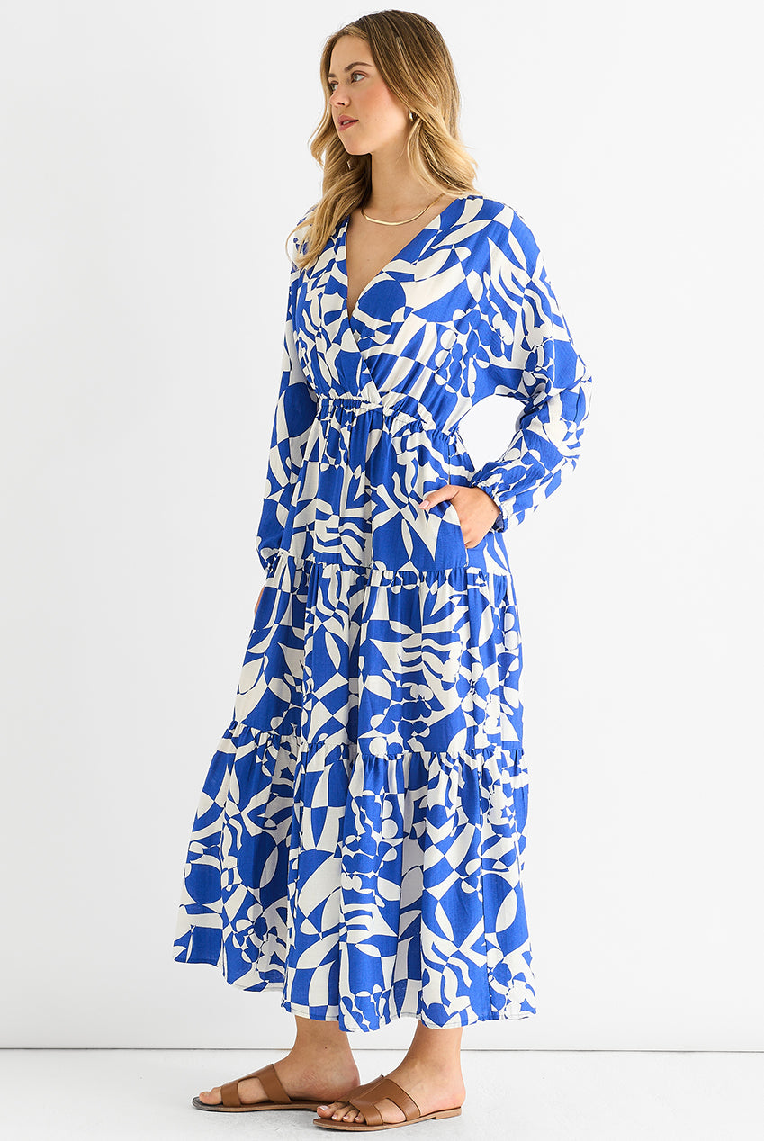 Blue Abstract Wrap Elasticated Waist Midaxi Dress GL1619