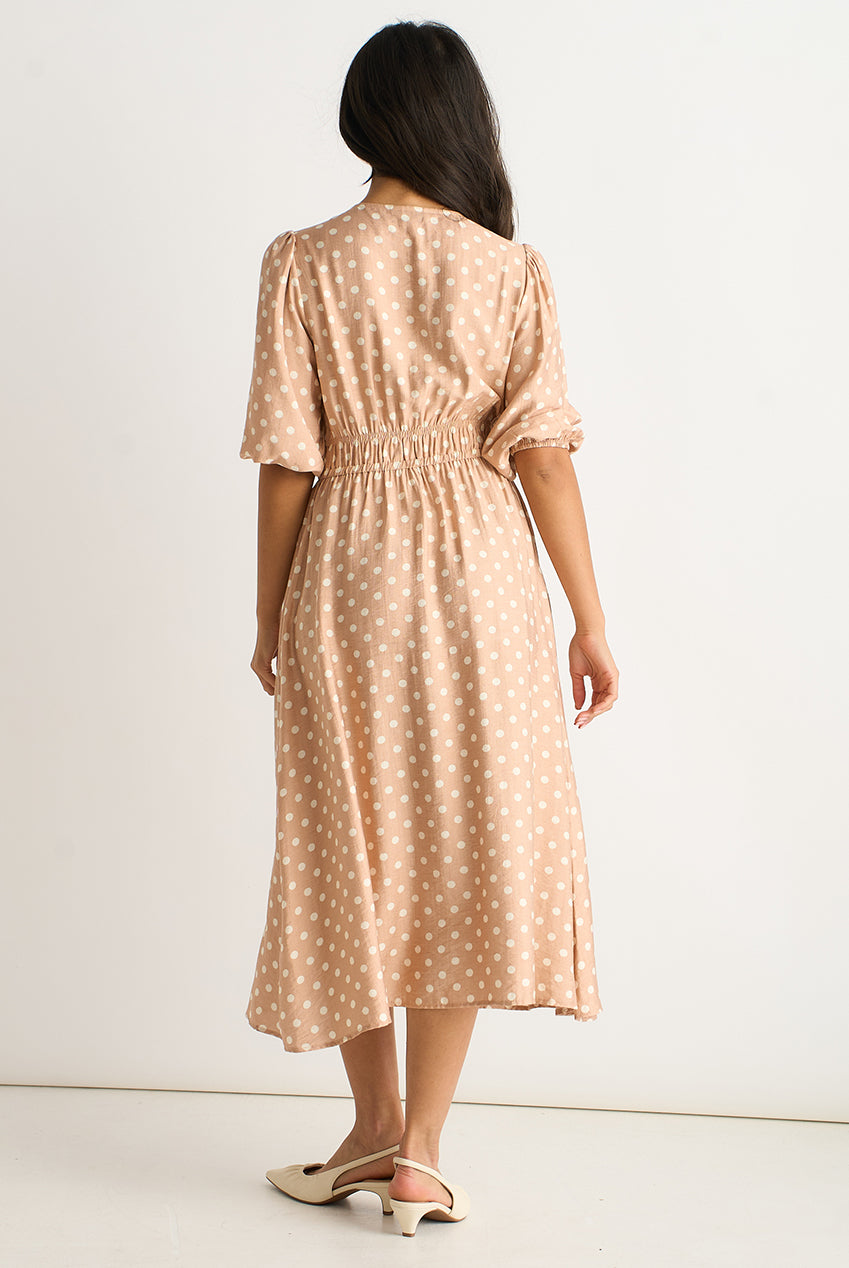 Oatmeal Spot Print Shirred Waist Shift Midi Dress GL1627