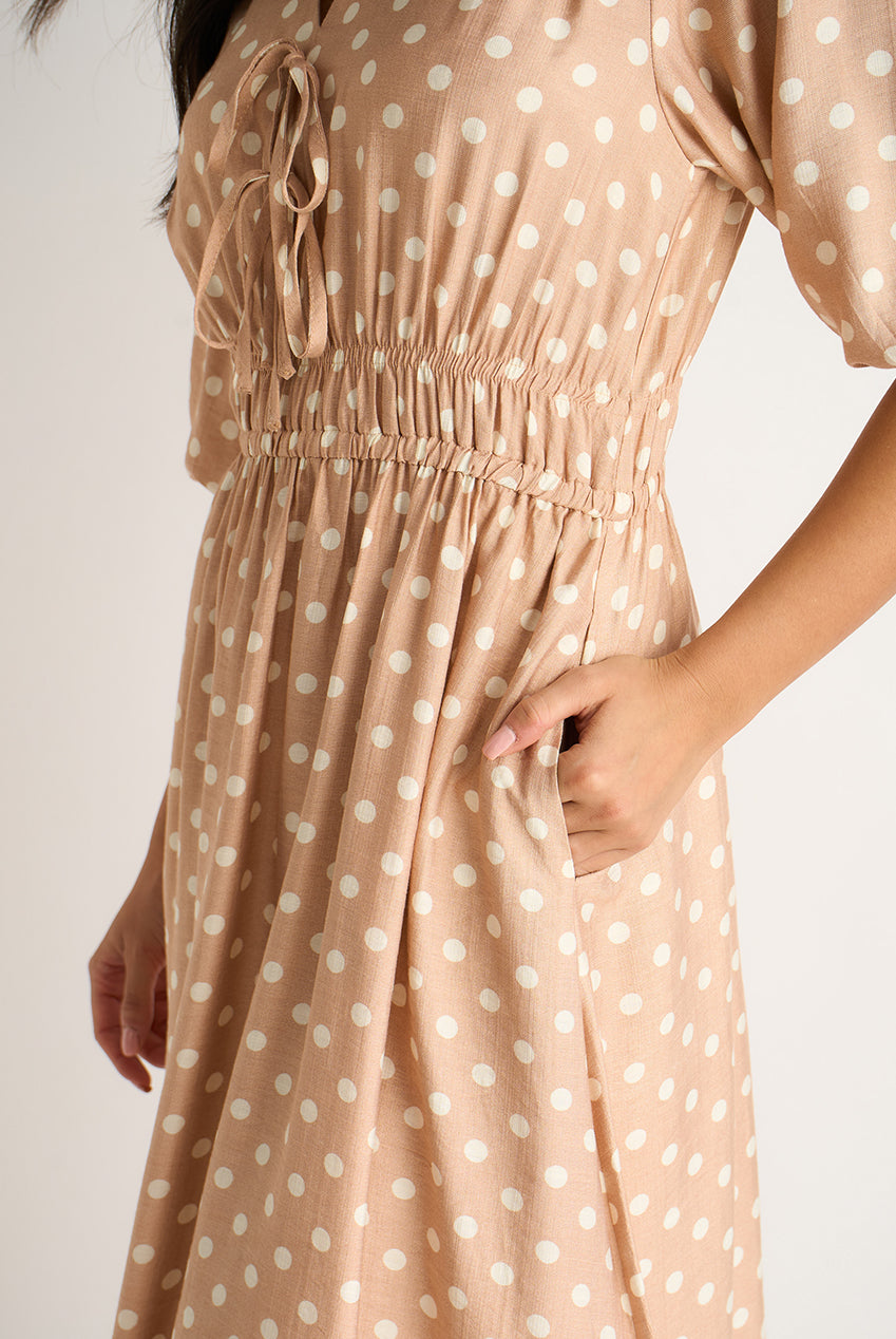 Oatmeal Spot Print Shirred Waist Shift Midi Dress GL1627