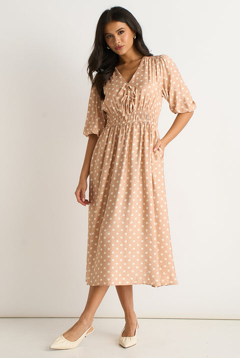 Oatmeal Spot Print Shirred Waist Shift Midi Dress by Gini London