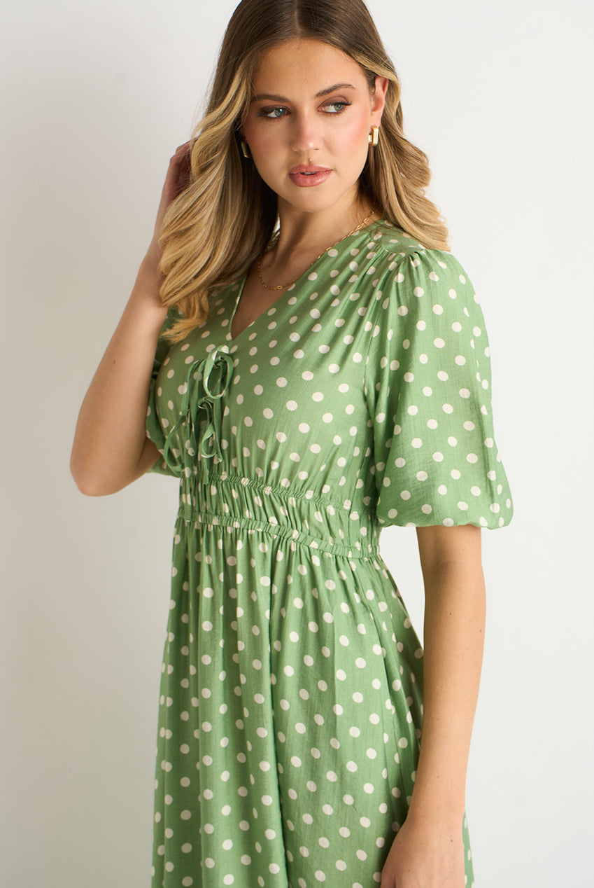 Sage Green Spot Print Shirred Waist Shift Midi Dress GL1627