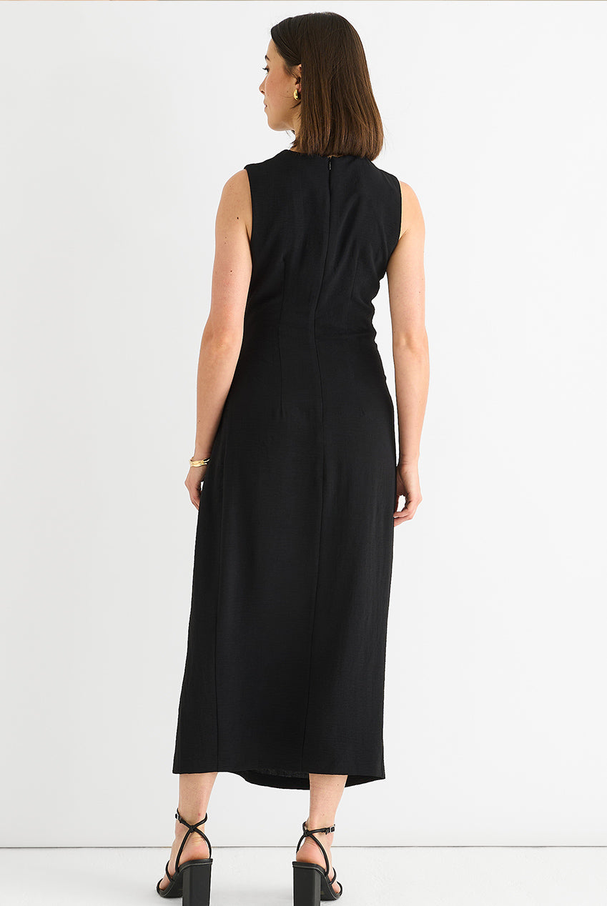 Black Waist Ruched Metal Trim Sleeveless Midi Dress GL1633