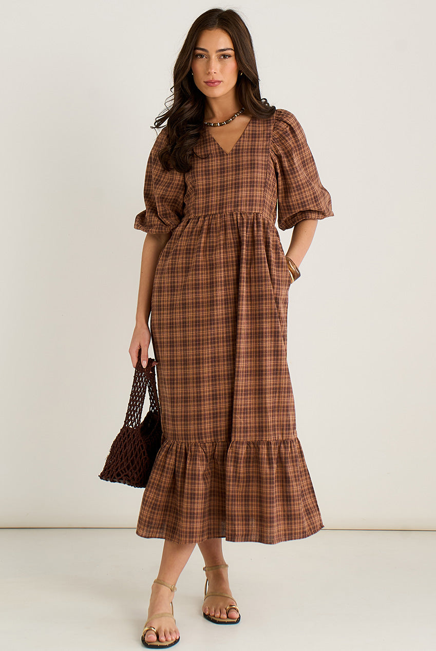 Brown Cotton Puff Sleeves V Neck Midi Dress GL1651