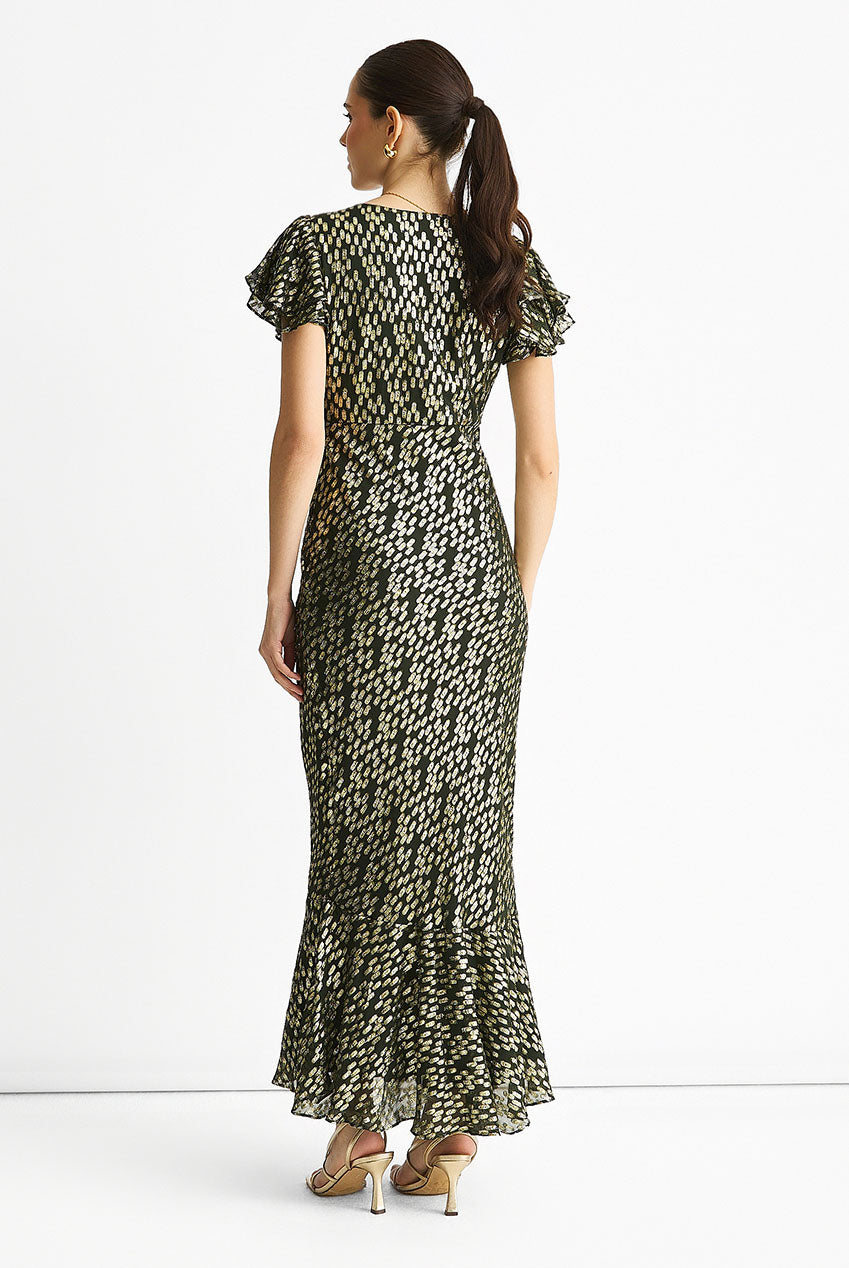 Dark Green Viscose Clipped Gold Jacquard Bias Cut Maxi Dress GL1741