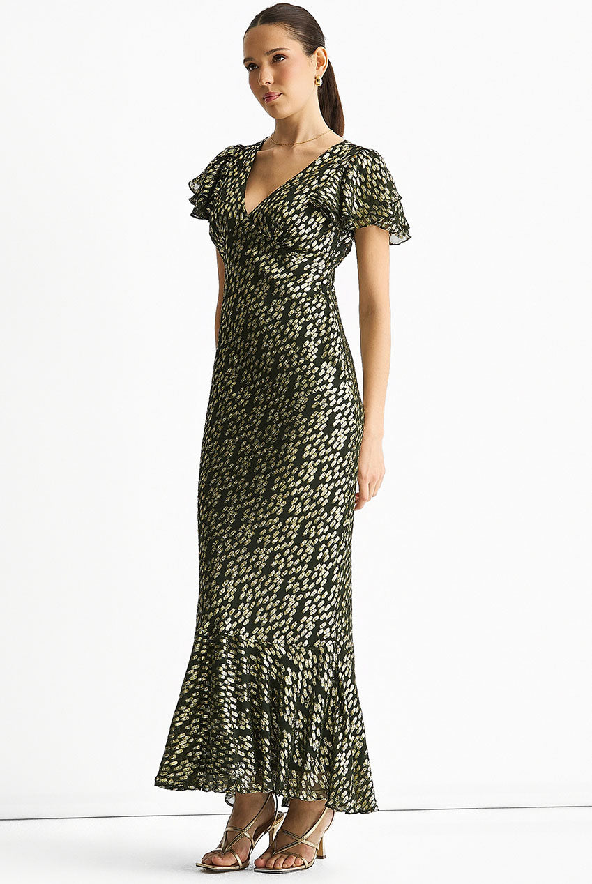 Dark Green Viscose Clipped Gold Jacquard Bias Cut Maxi Dress GL1741