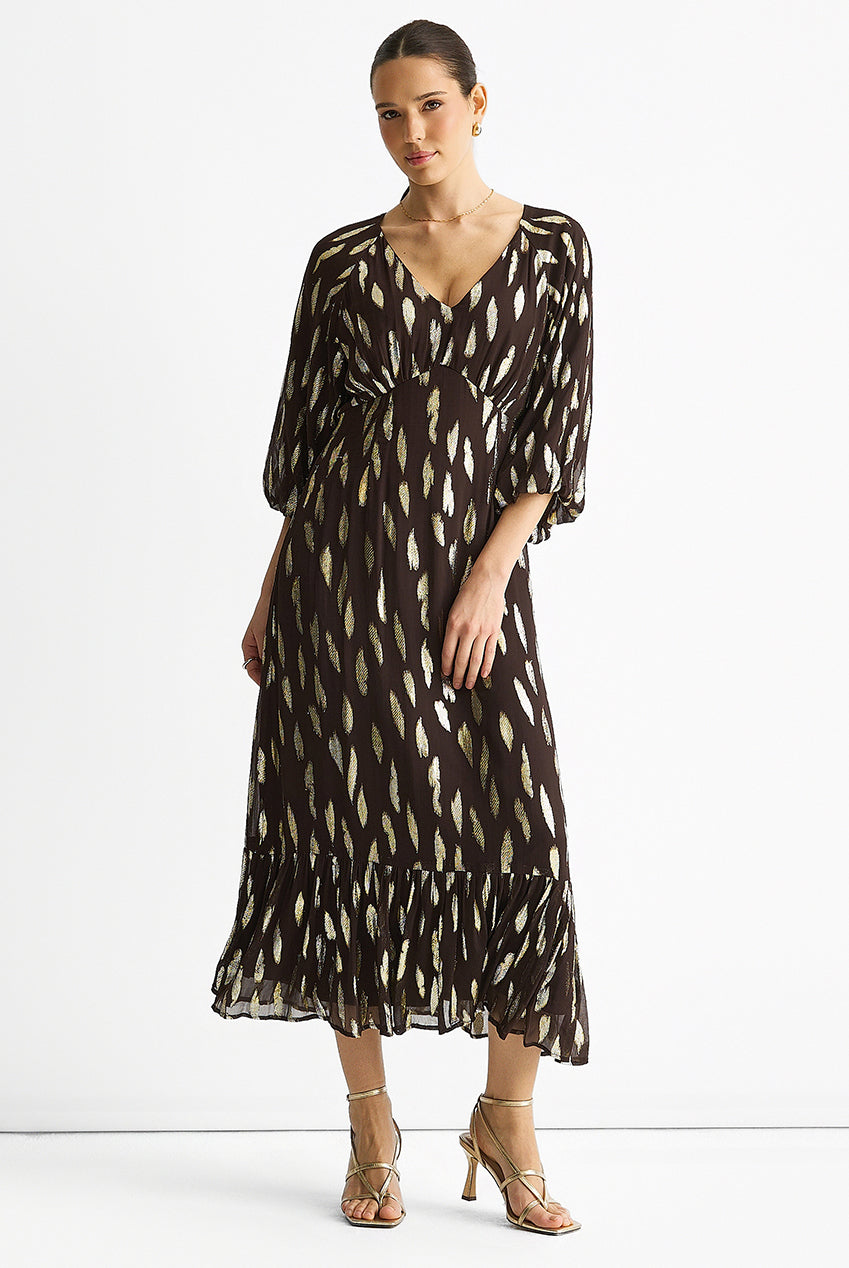Chocolate Viscose Clipped Balloon Sleeve Maxi Dress GL1743