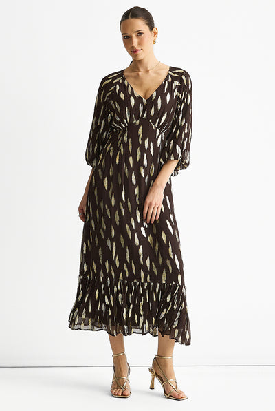 Chocolate - Chocolate Viscose Clipped Balloon Sleeve Maxi Dress by Gini London