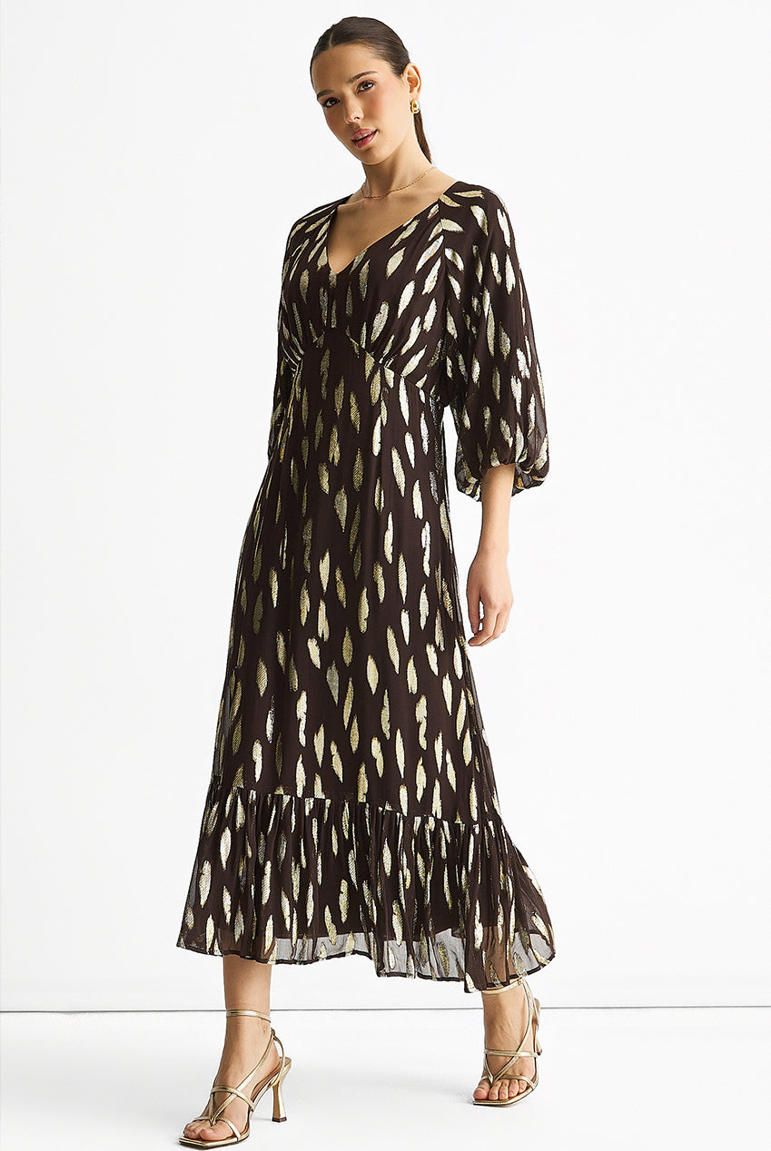Chocolate Viscose Clipped Balloon Sleeve Maxi Dress GL1743