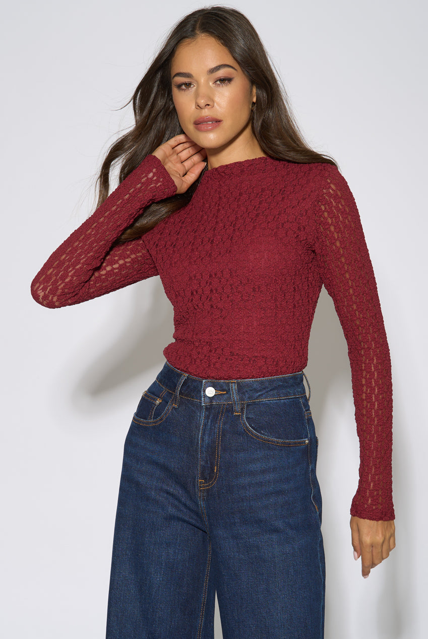 Burgundy High Neck Jersey Lace Long Sleeve Top GL1751