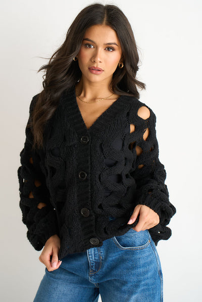 Black - Black Hollow Chunky Knit Cardigan by Gini London