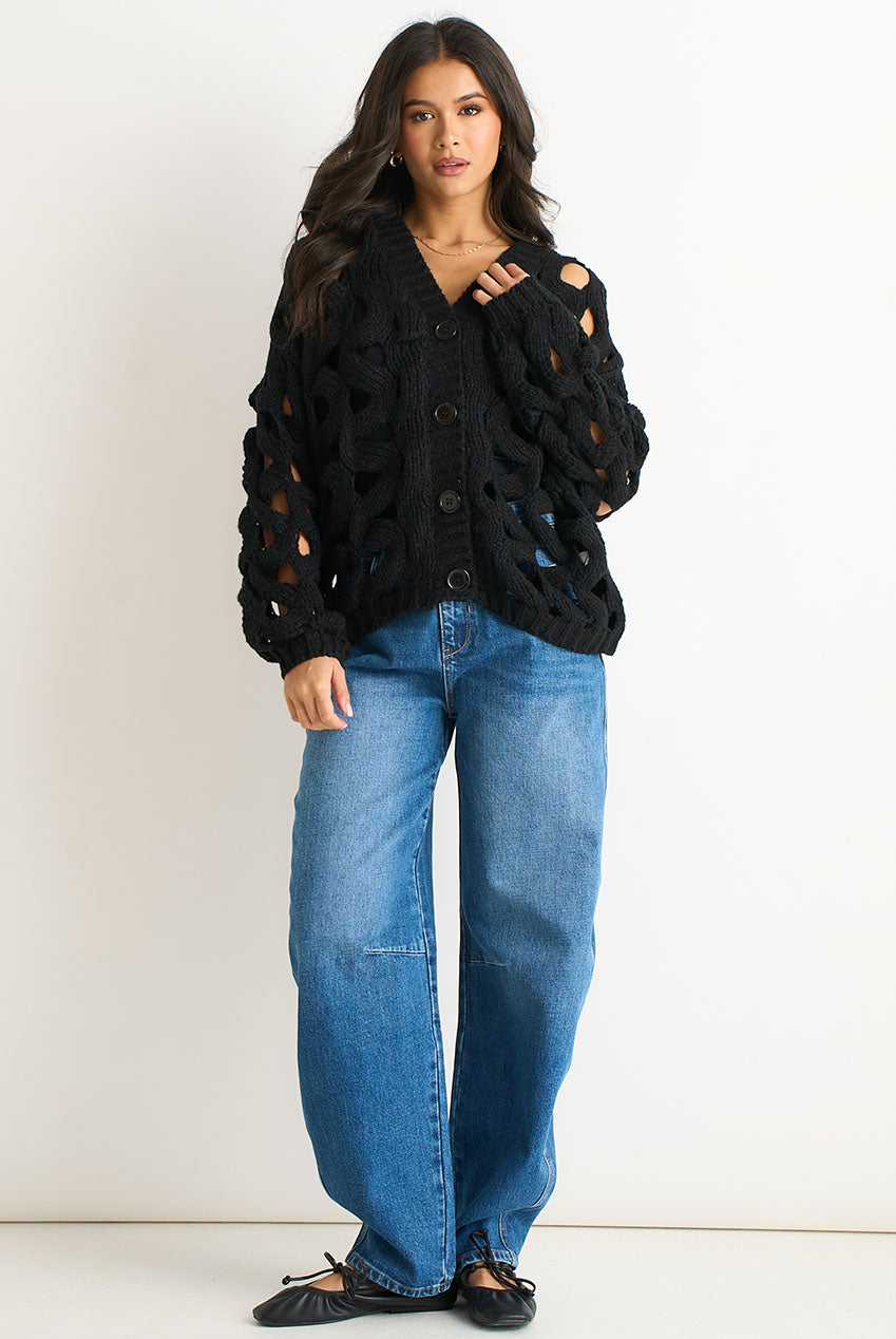 Black Hollow Chunky Knit Cardigan GL1755