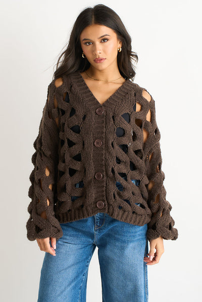 Chocolate - Chocolate Hollow Chunky Knit Cardigan by Gini London