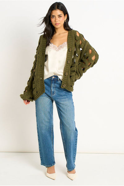 Khaki - Khaki Hollow Chunky Knit Cardigan by Gini London