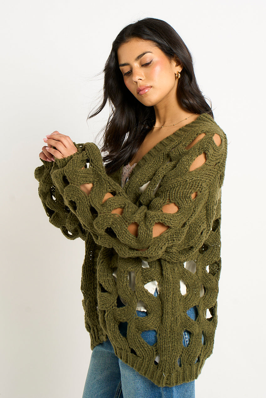 Khaki Hollow Chunky Knit Cardigan GL1755