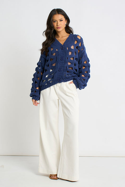 Navy Hollow Chunky Knit Cardigan by Gini London