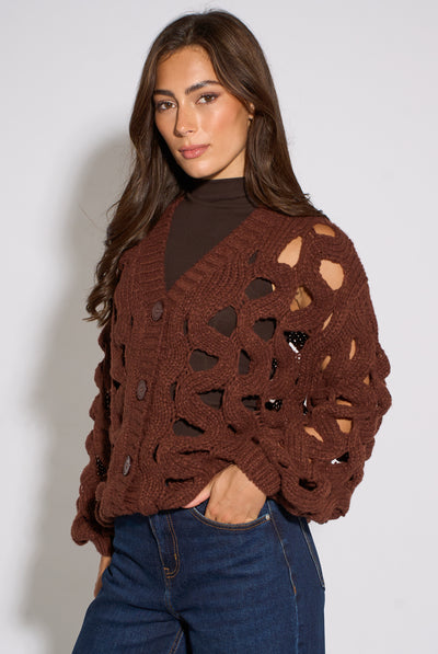 Rust - Rust Hollow Chunky Knit Cardigan by Gini London