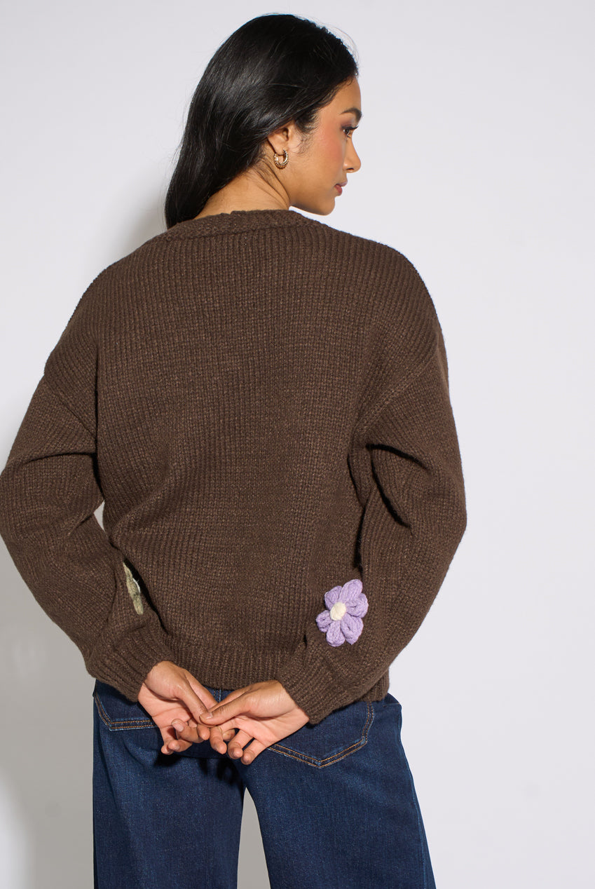 Brown 3D Floral Long Sleeves Knit Cardigan GL1762