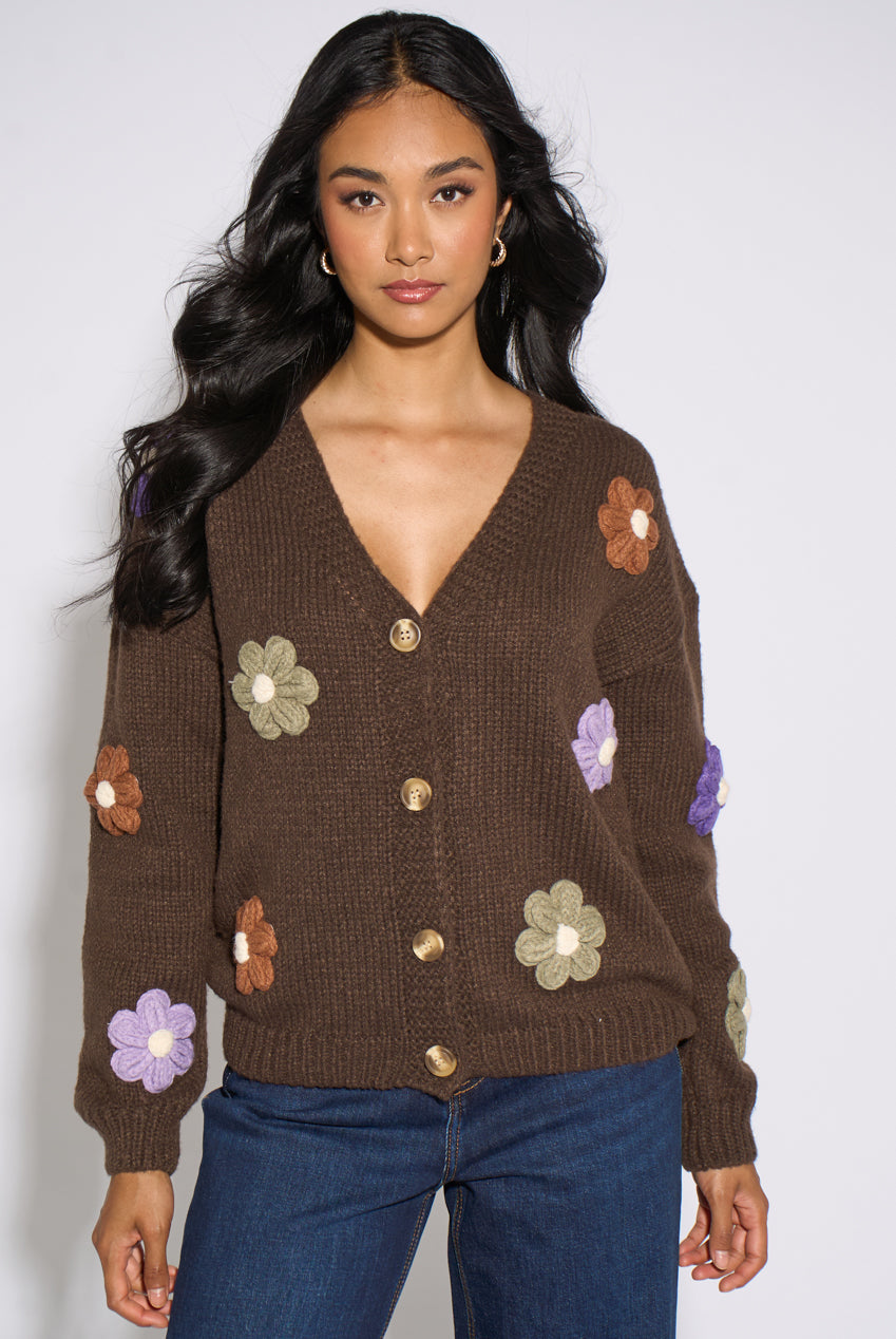 Brown 3D Floral Long Sleeves Knit Cardigan GL1762