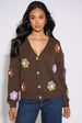 Brown 3D Floral Long Sleeves Knit Cardigan by Gini London