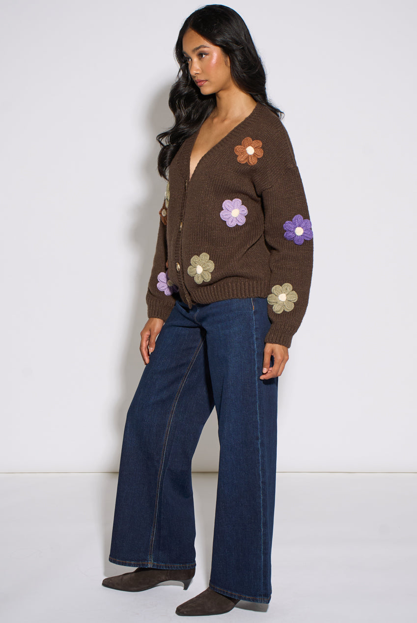 Brown 3D Floral Long Sleeves Knit Cardigan GL1762
