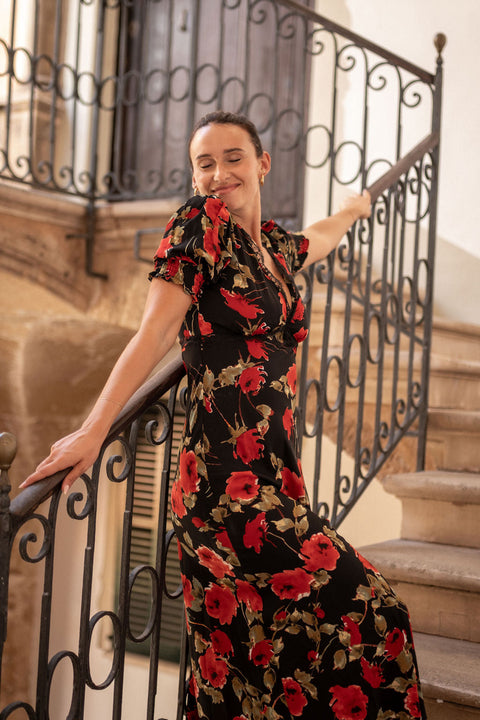 Black Floral Lace Trim Detail Midi Dress by Gini London