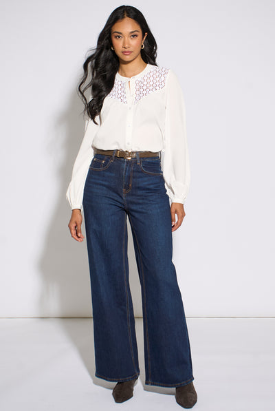 Blue - Blue Mid Rise Wide Leg Jeans by Gini London