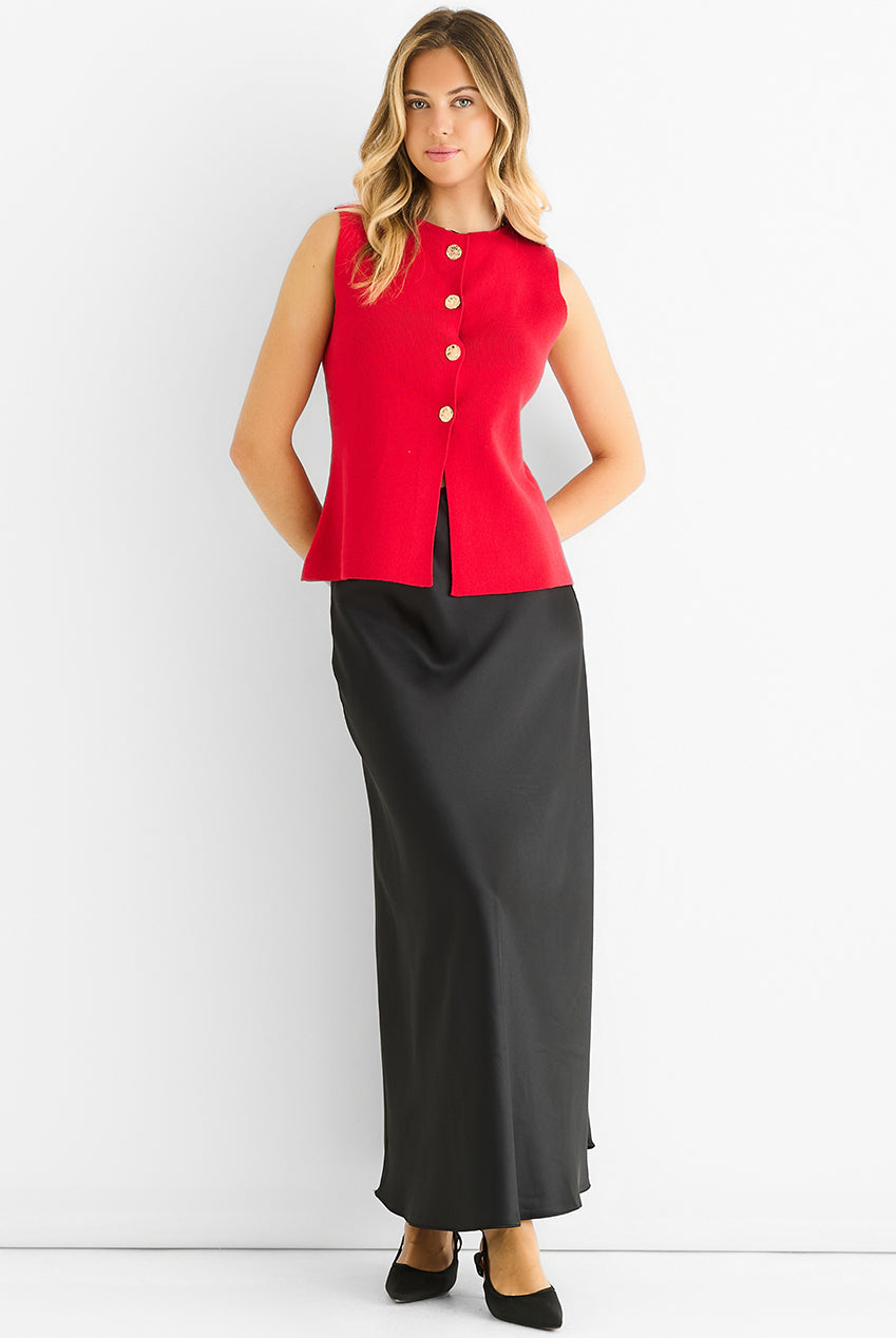 Cherry Red Button Front Compact Knit Waistcoat GL1784