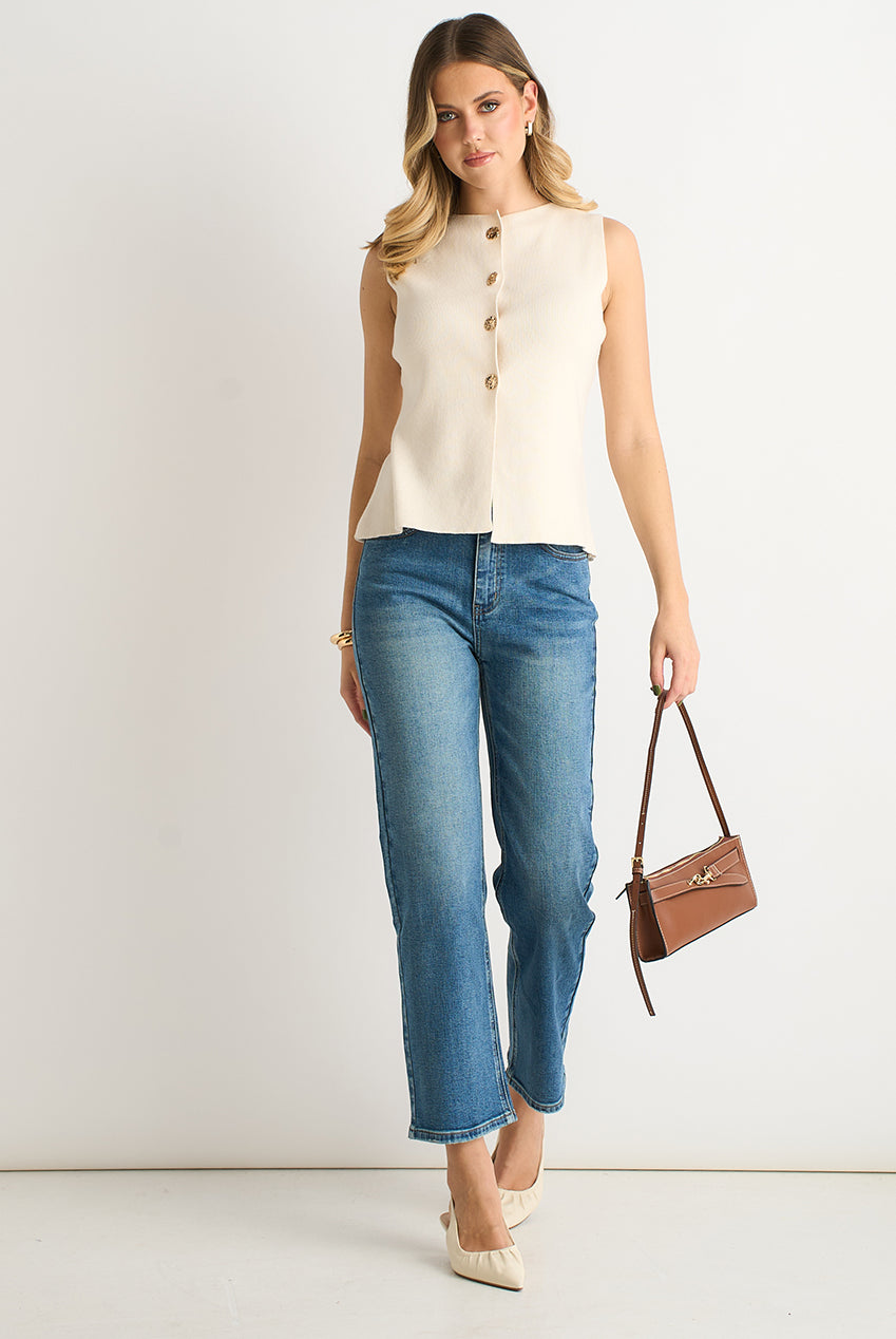 Off White Button Front Compact Knit Waistcoat GL1784