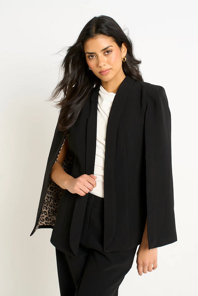 Black - Black Tailored Cape With Leopard Print Lining by Gini London