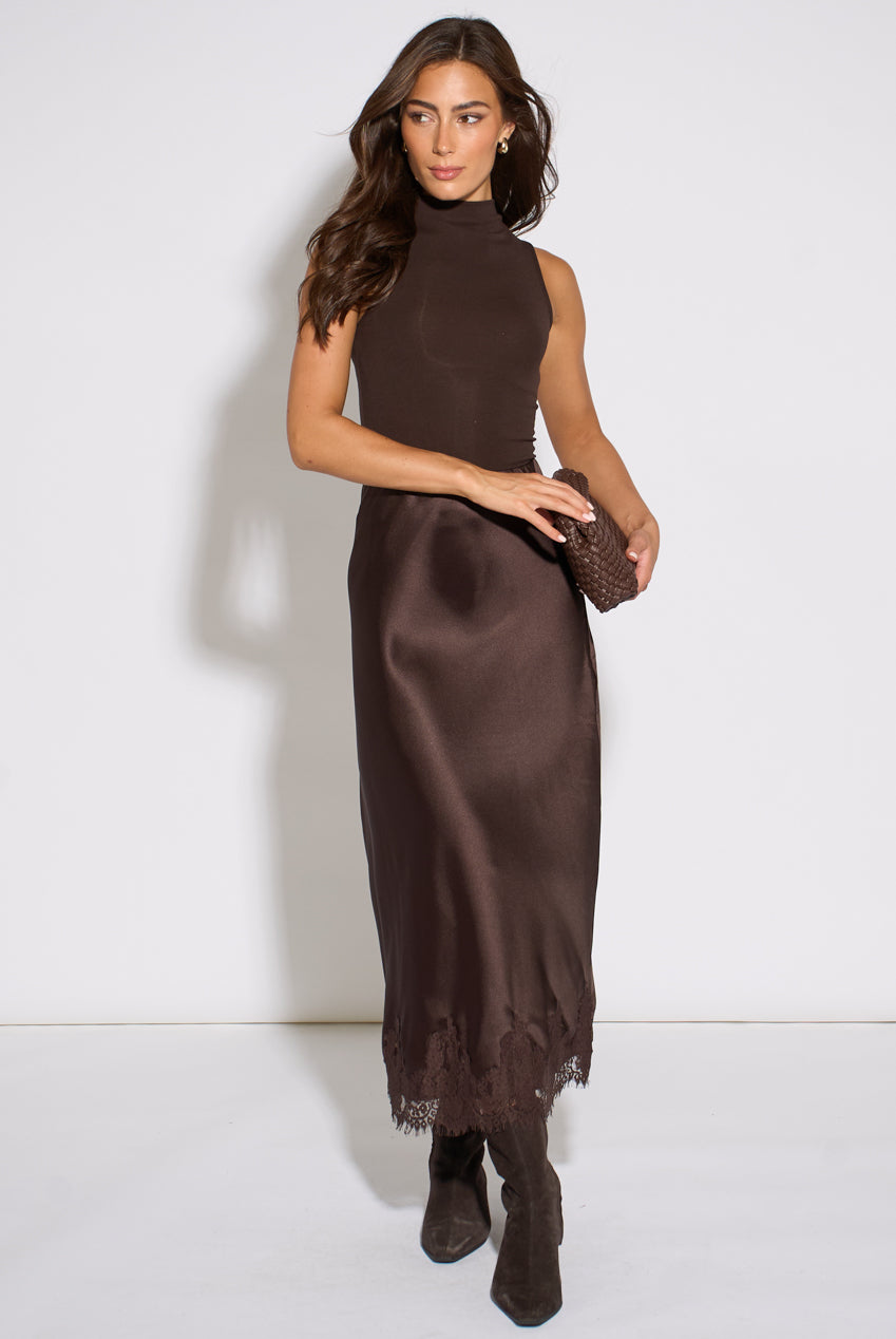 Brown Contrast Lace Trim Satin Bias Skirt GL1811
