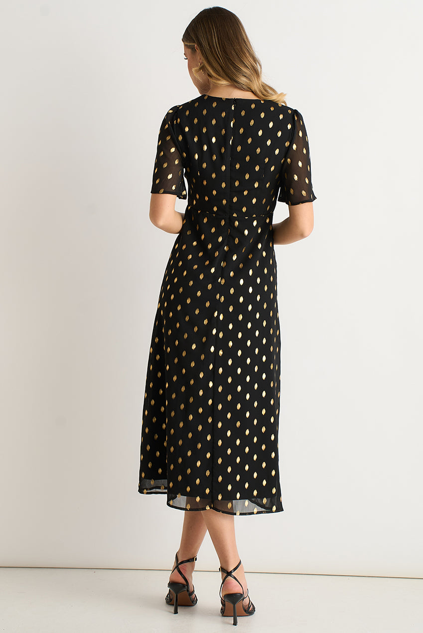 Black V Neck Foil Midi Skater Dress GL1816