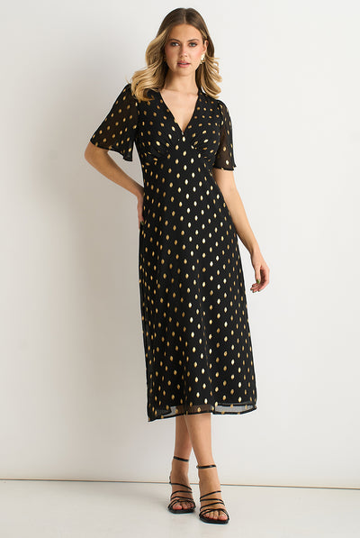 Black V Neck Foil Midi Skater Dress by Gini London