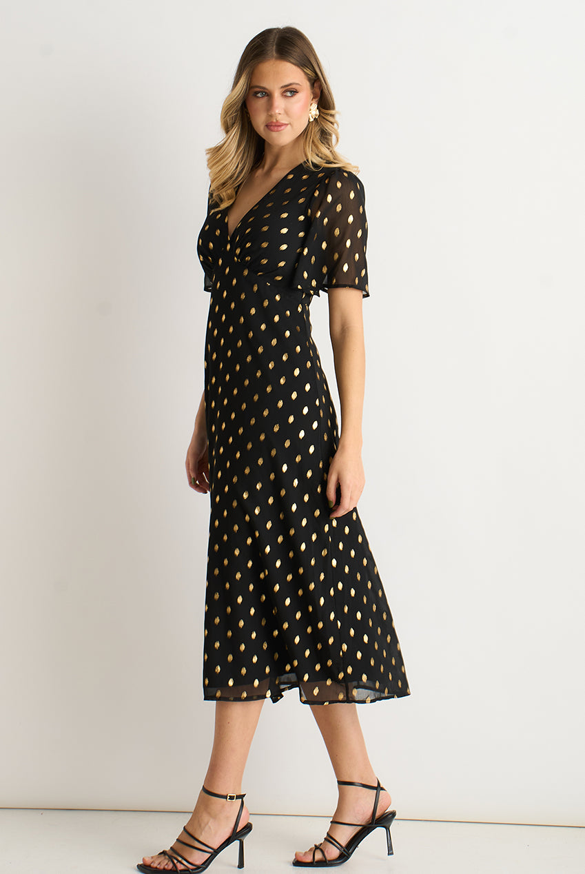 Black V Neck Foil Midi Skater Dress GL1816
