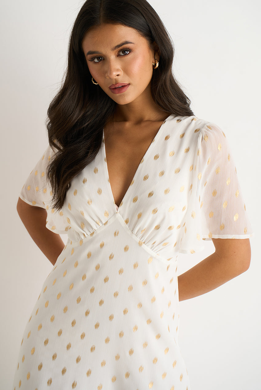 White V Neck Foil Midi Skater Dress GL1816