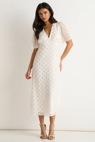 White V Neck Foil Midi Skater Dress by Gini London