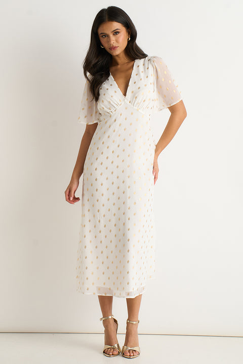White V Neck Foil Midi Skater Dress by Gini London