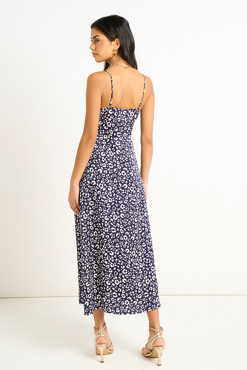 Navy Animal Print Cowl Midi Dress GL1823