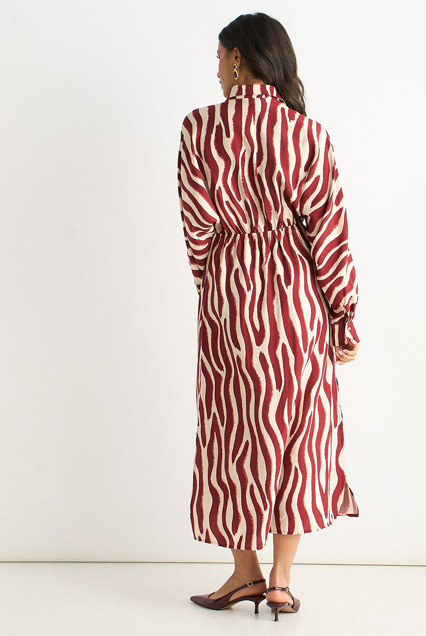 Burgundy Zebra Print Batwing Sleeve Shirt Dress GL2001