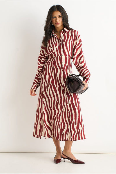 Burgundy - Burgundy Zebra Print Batwing Sleeve Shirt Dress by Gini London