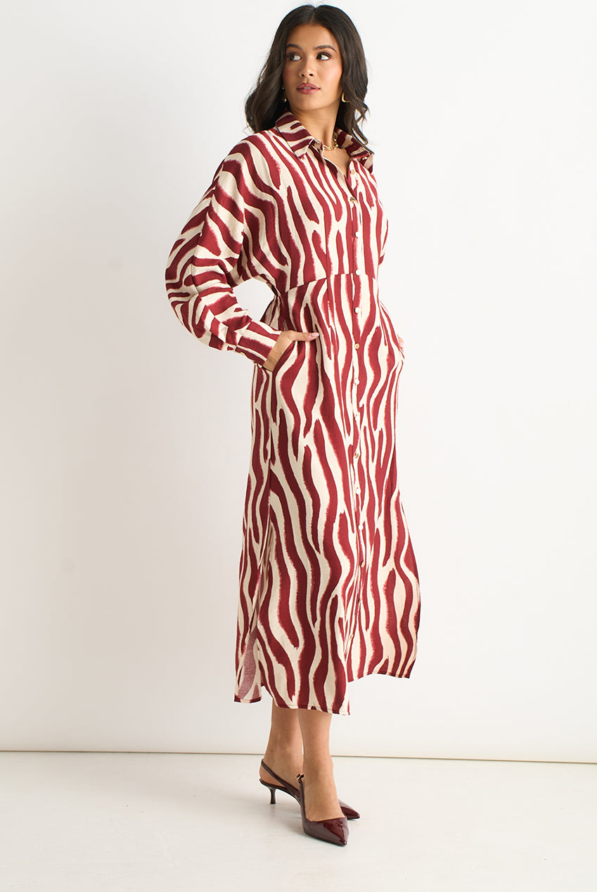 Burgundy Zebra Print Batwing Sleeve Shirt Dress GL2001