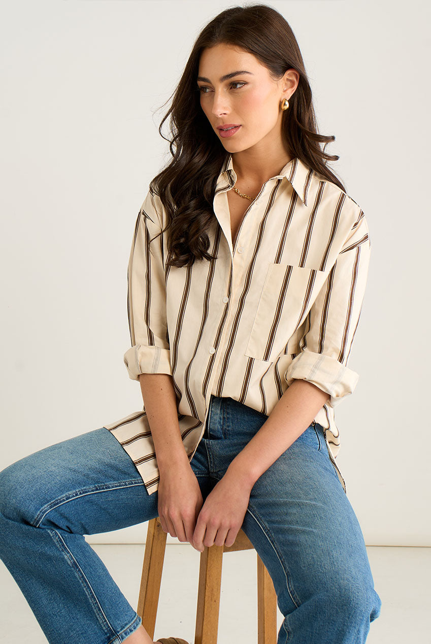 Cream Oversized Neutral Stripe Button-Down Shirt GL2000