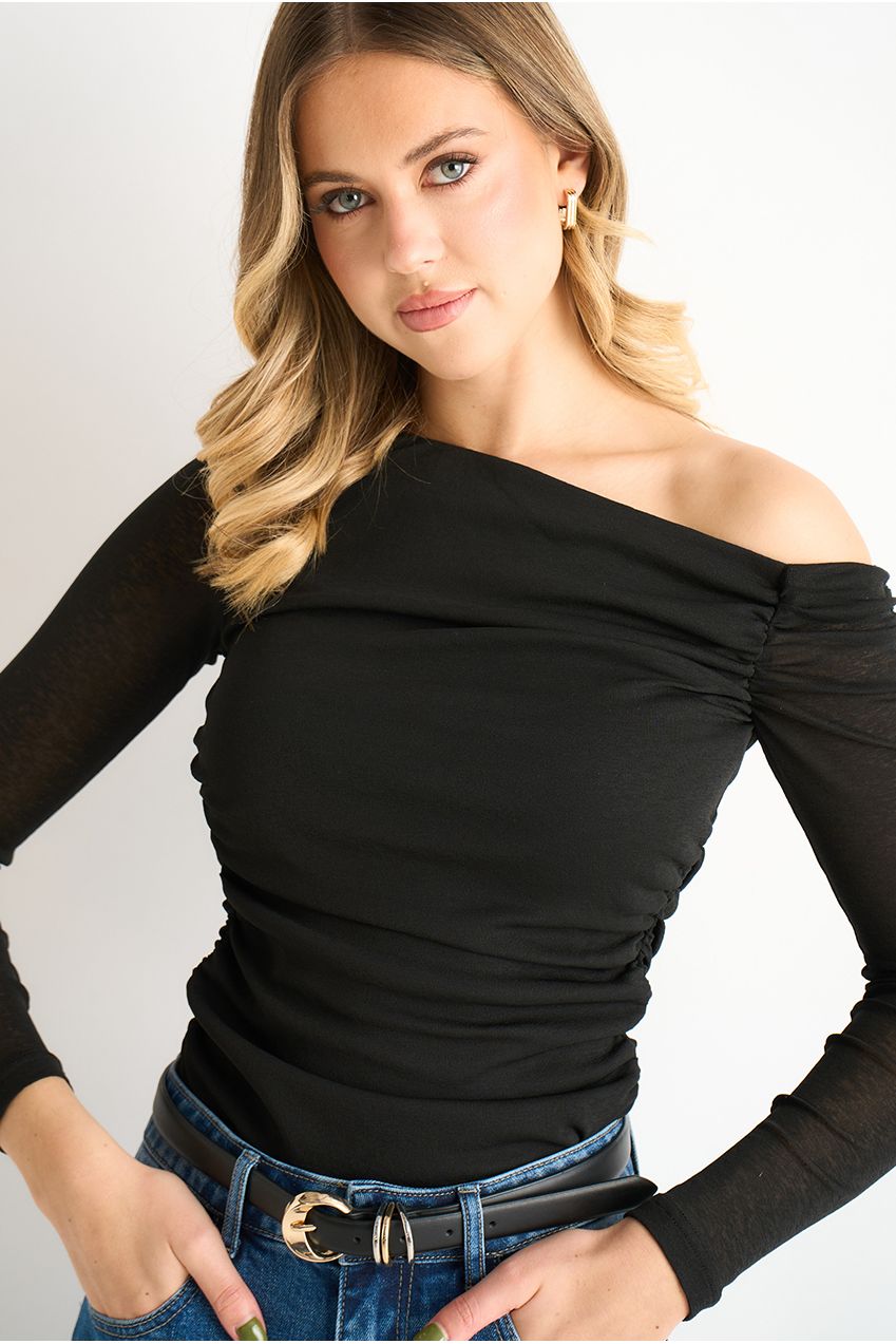 Black Jersey Slash Neck Long Sleeve Top GL2005