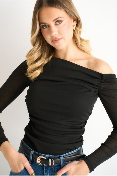 Black - Black Jersey Slash Neck Long Sleeve Top by Gini London