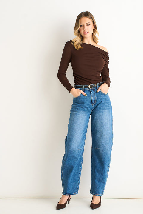 Chocolate Jersey Slash Neck Long Sleeve Top by Gini London