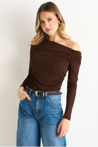 Chocolate Jersey Slash Neck Long Sleeve Top by Gini London