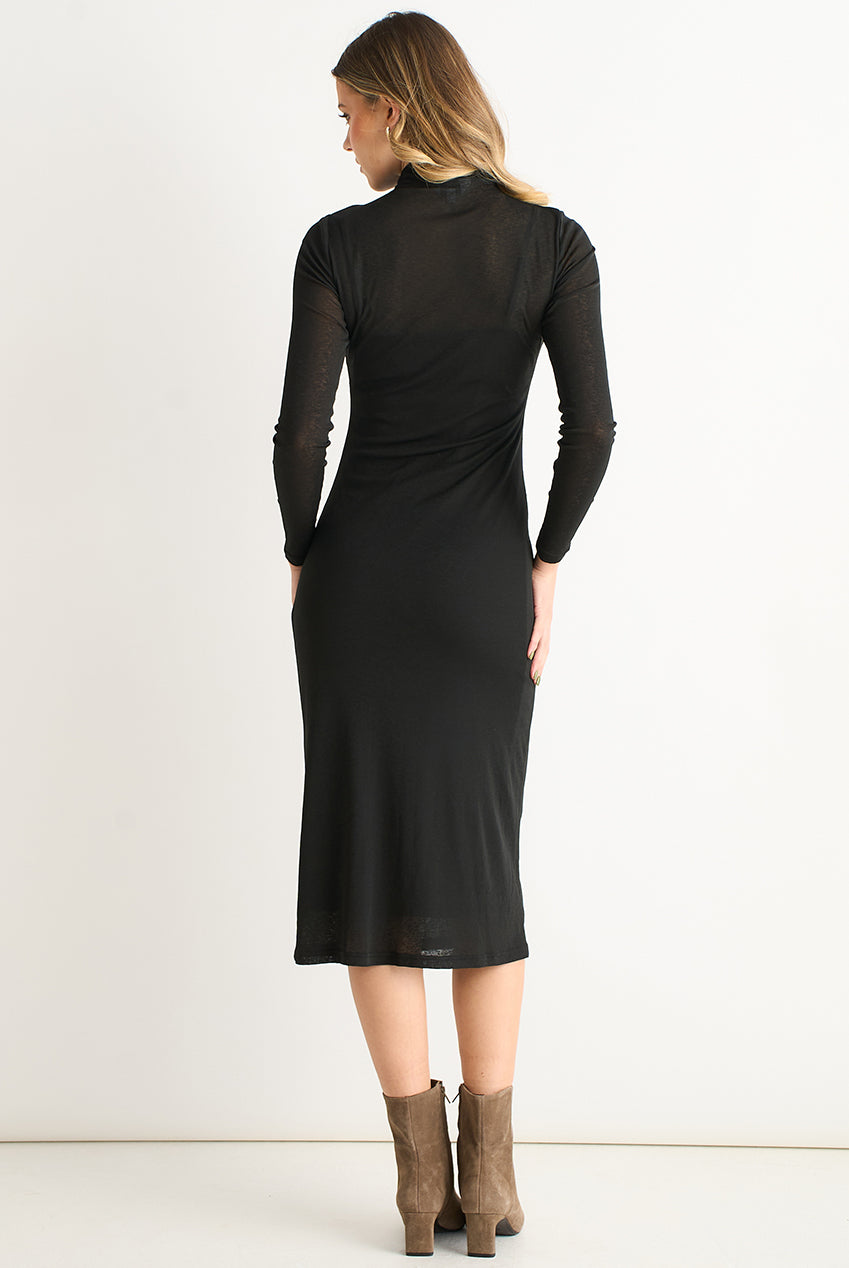 Black Ruched Jersey Long Sleeve Midi Dress GL2006