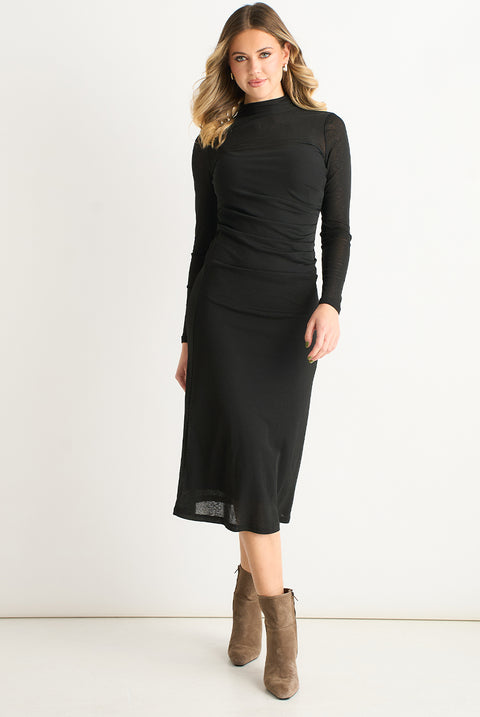 Black Ruched Jersey Long Sleeve Midi Dress by Gini London