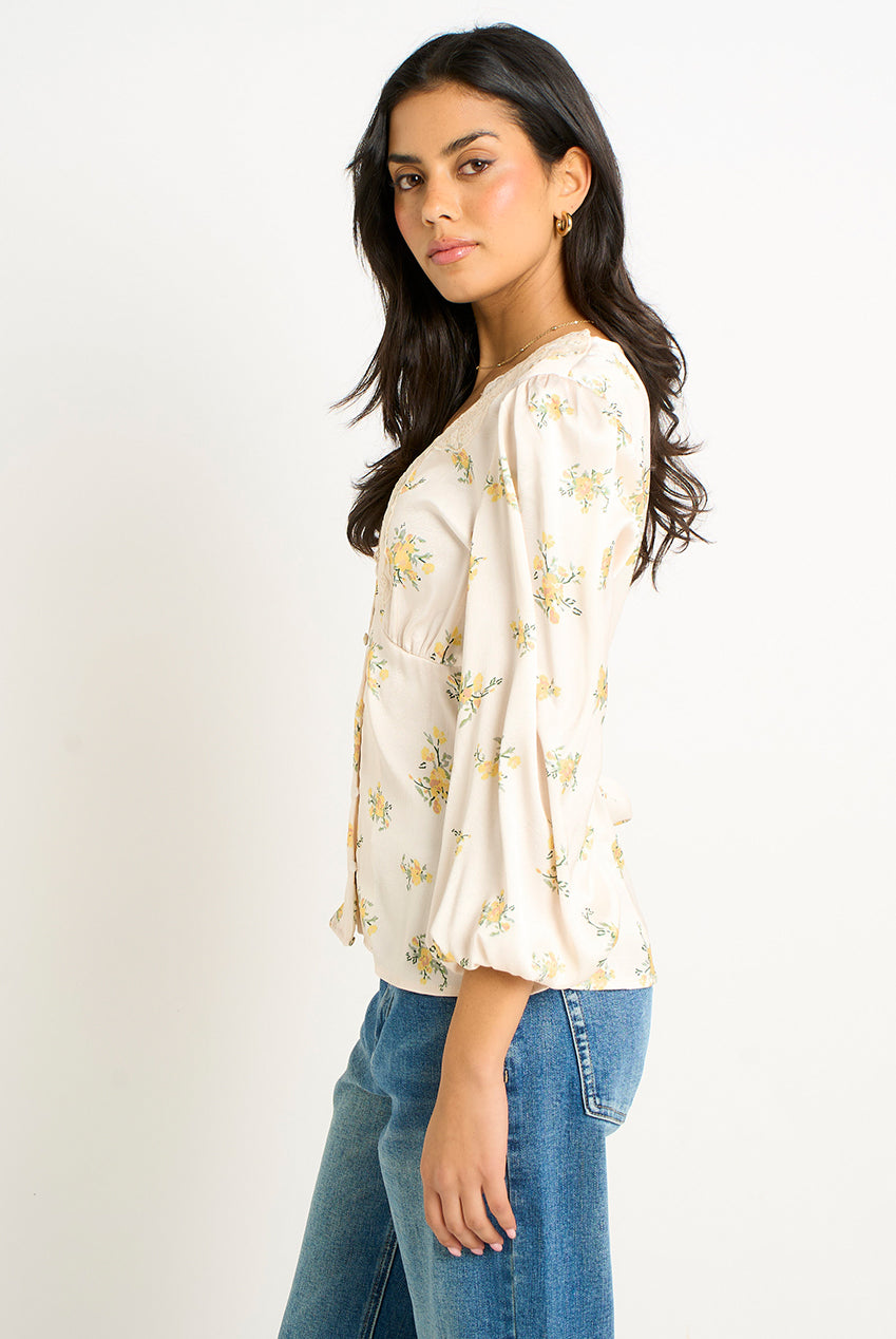 Cream Lace Trim Satin Button Through Blouse GL2007