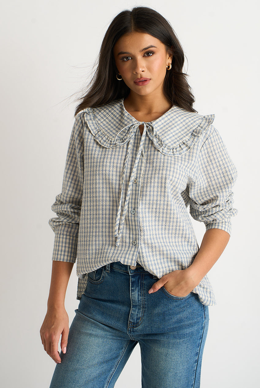 Blue Gingham Textured Check Peter Pan Collared Shirt GL2010