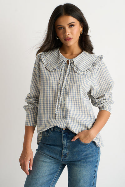 Blue - Blue Gingham Textured Check Peter Pan Collared Shirt by Gini London